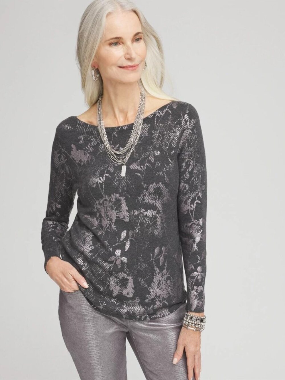 Chico's‎ Grey Silver Floral Bateau Neck Sweater Size XXL